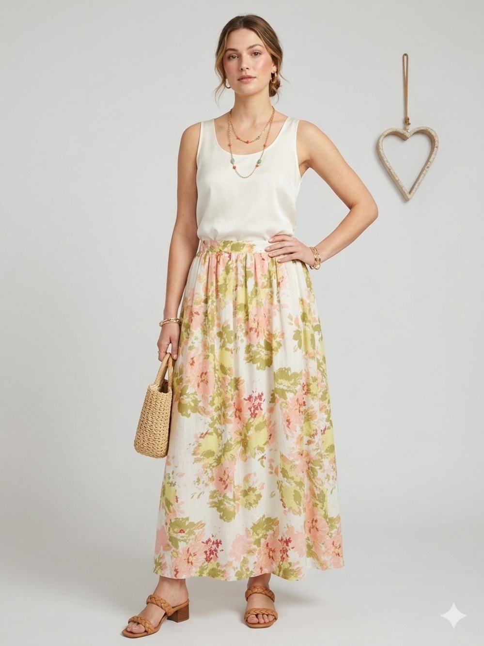 Calypso St. Barth Floral Maxi Skirt Cottagecore Boho Elastic Waist Spring LARGE